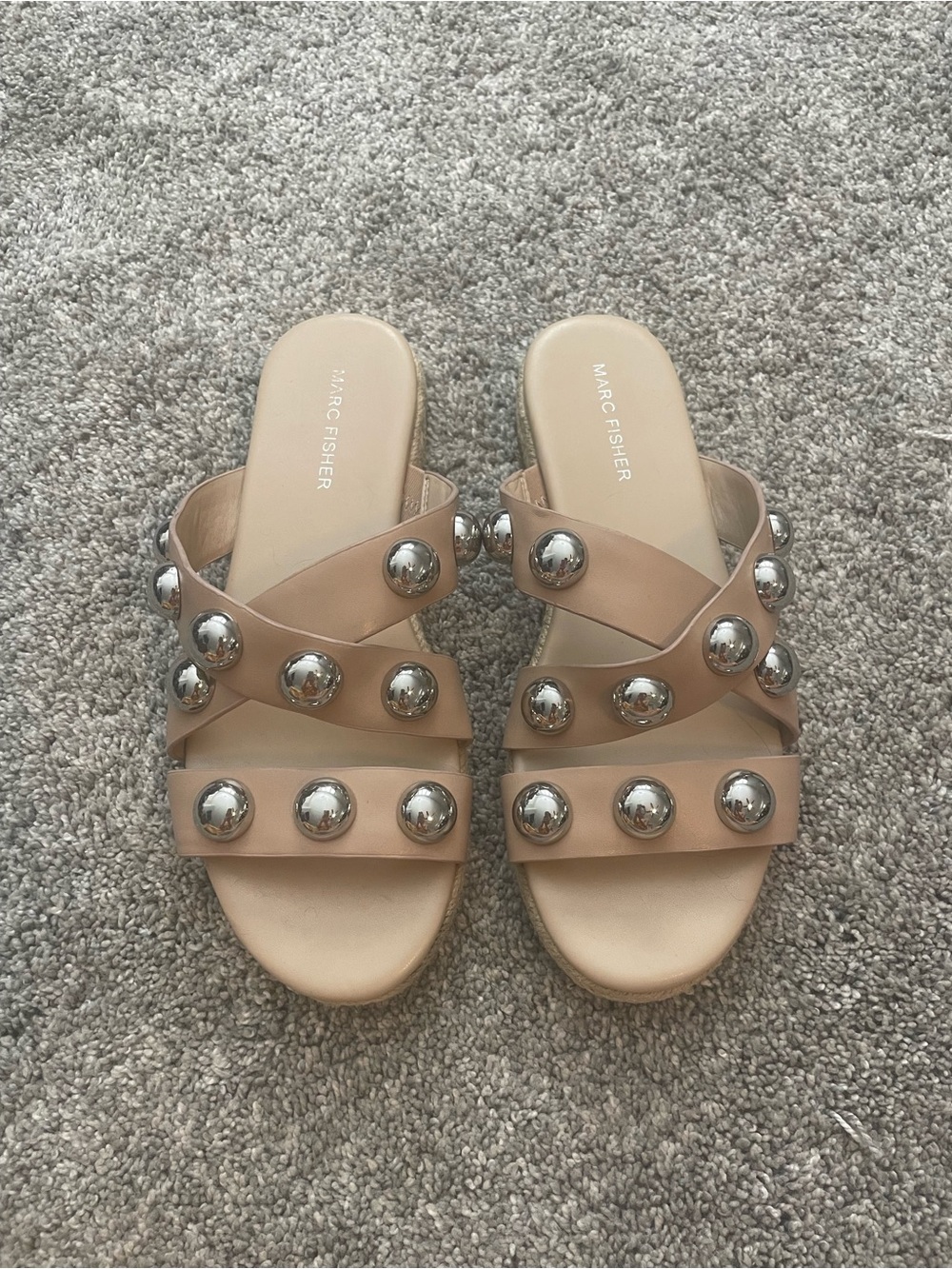 Marc Fisher Beige Slide Sandals with Silver Studs